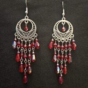 Antique silver and red glass crystal chandelier earrings